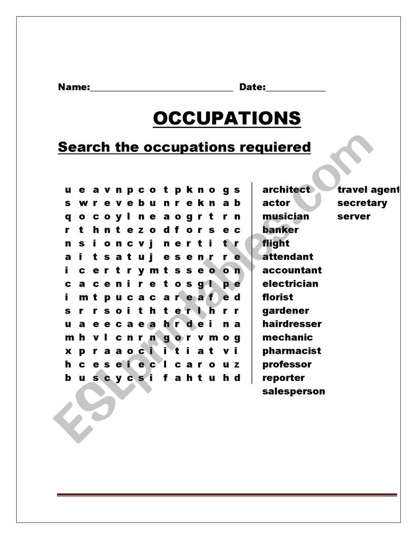 occupations  worksheet