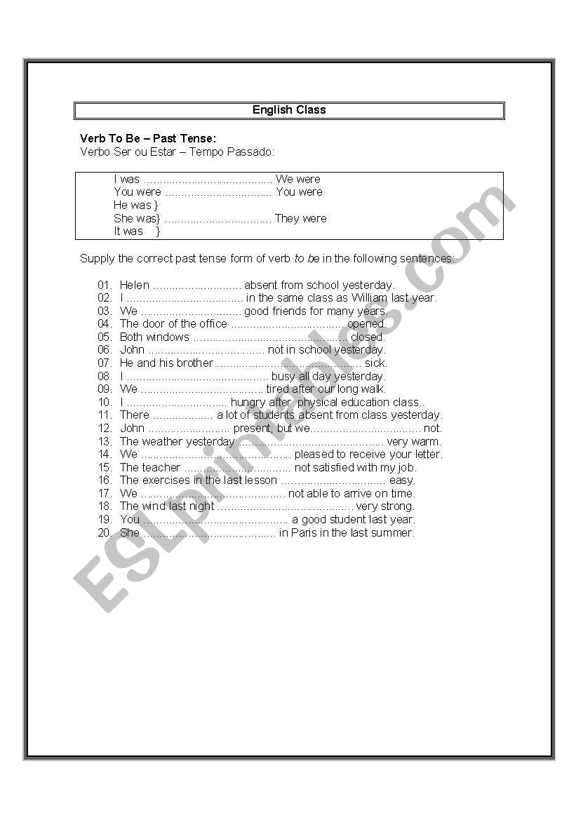 Past tense of the Verb To be worksheet