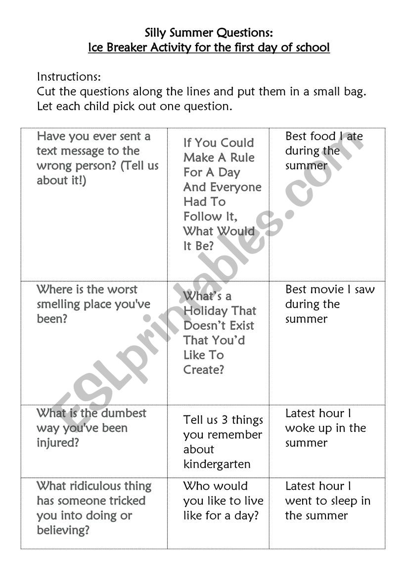 Ice Breaker Activity for the first day of school - Silly Questions