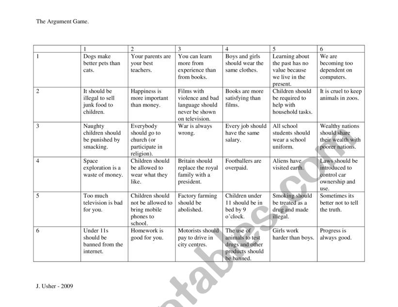 argument game worksheet