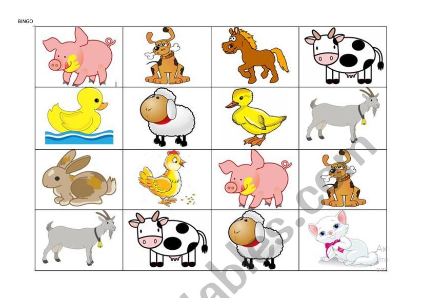 Farm Animal Bingo Cards
