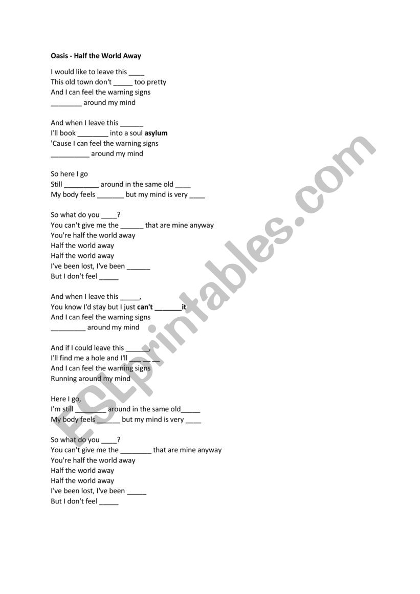 Oasis - Half the world away worksheet