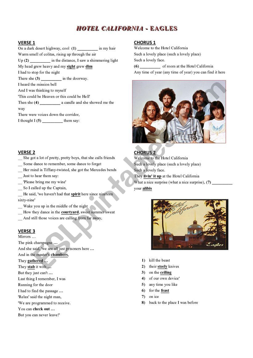 ACTIVITIES ON SONG HOTEL CALIFORNIA (THE EAGLES)
