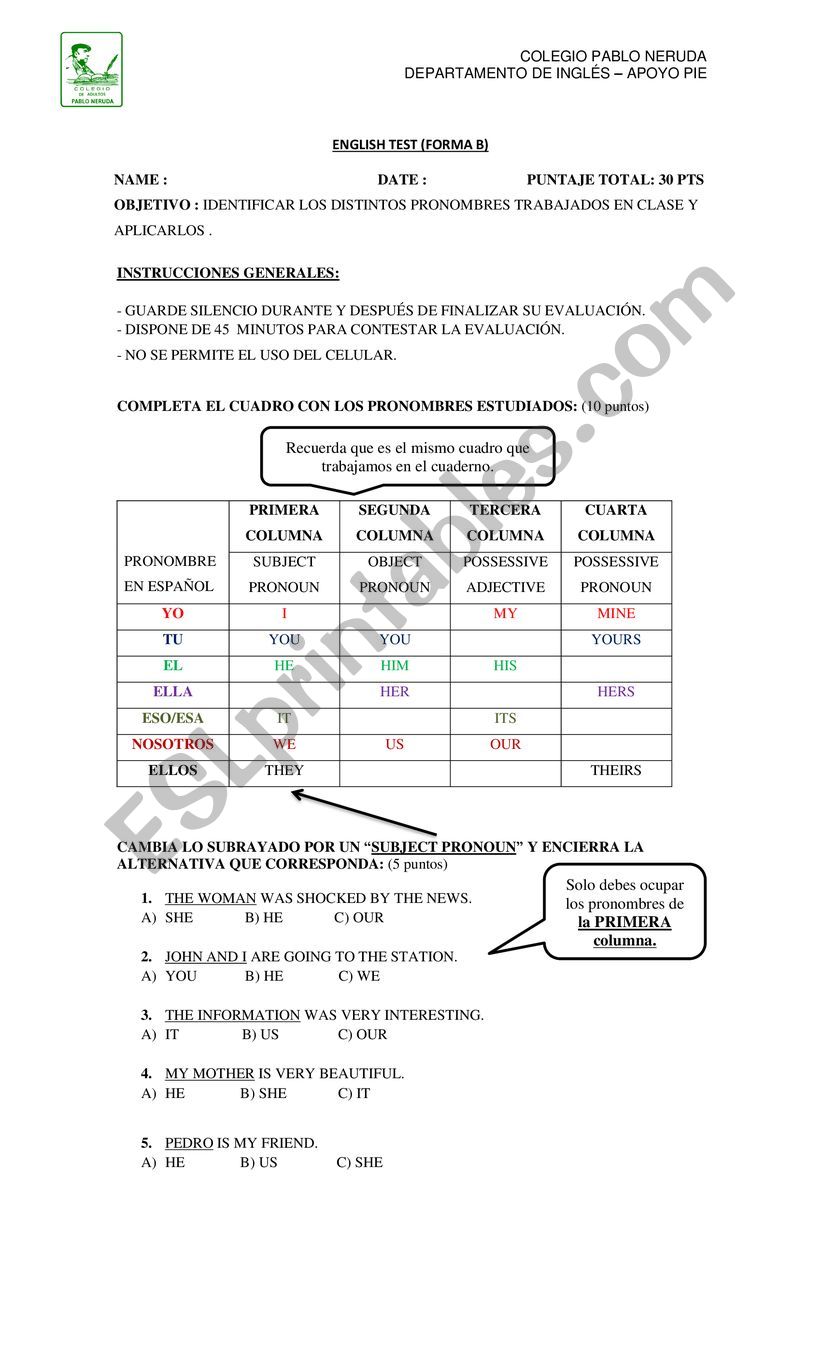 possessives pronouns worksheet