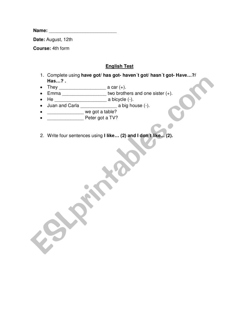 English exams- primary tests worksheet