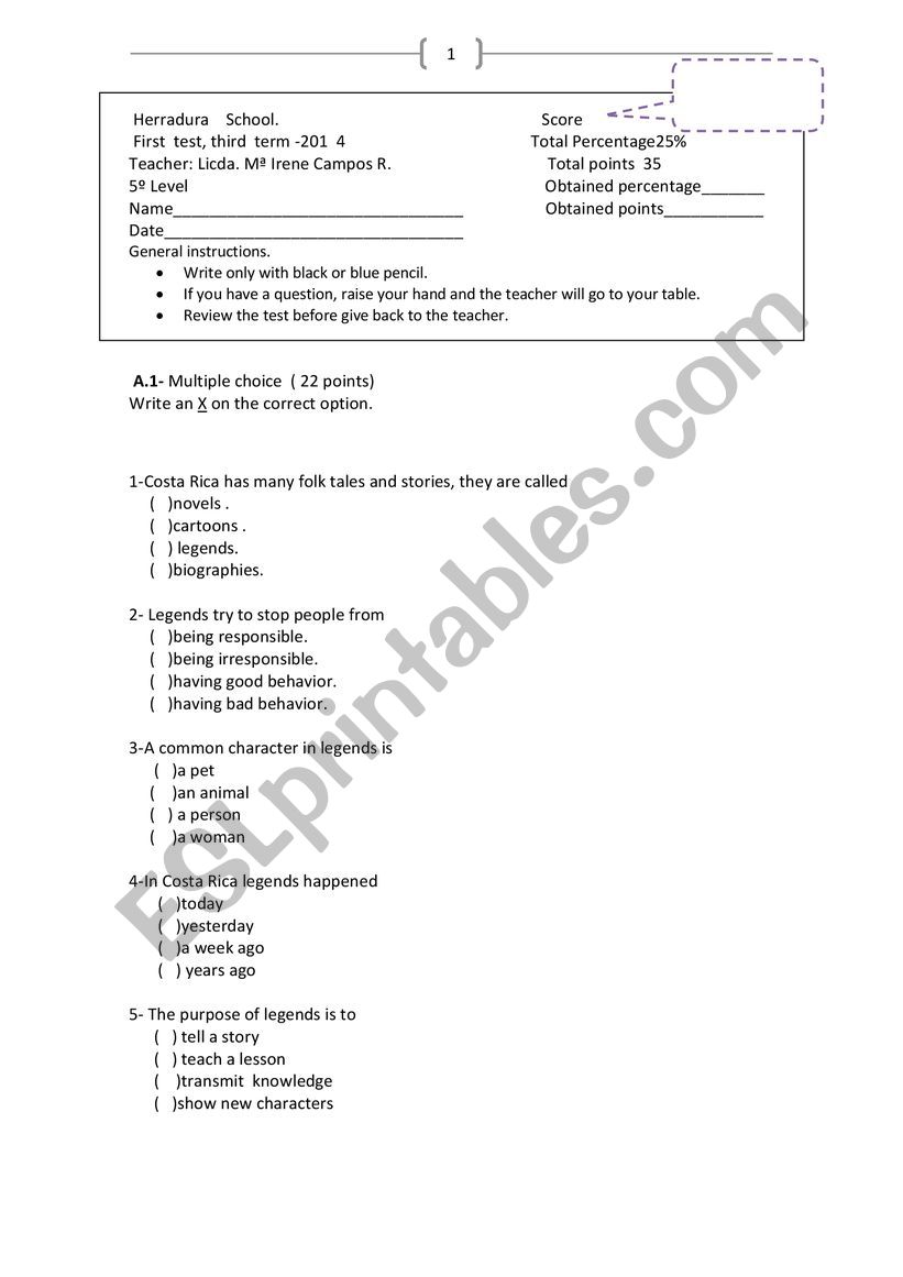 LEGENDS worksheet