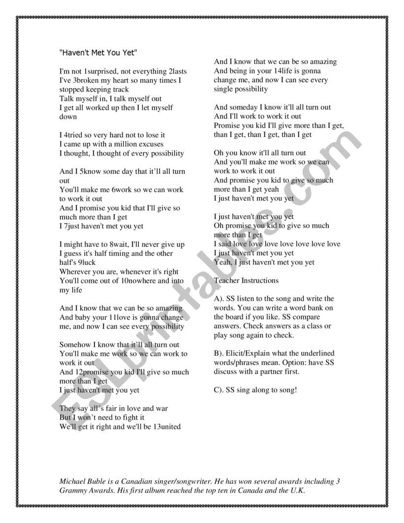 present perfect song worksheet
