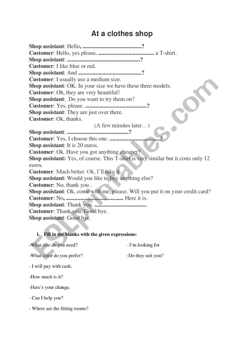 dialogue at the clothes shop worksheet