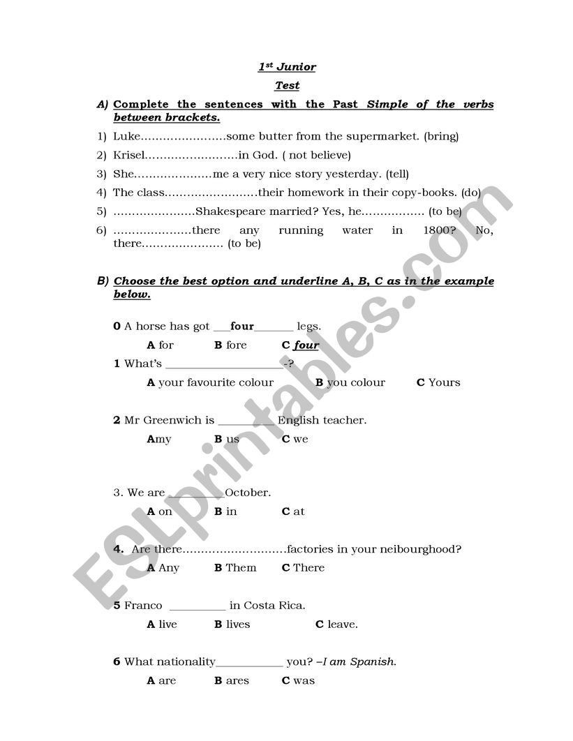 Test for Juniors worksheet