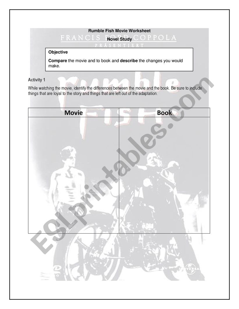 Rumble Fish Movie Worksheet worksheet
