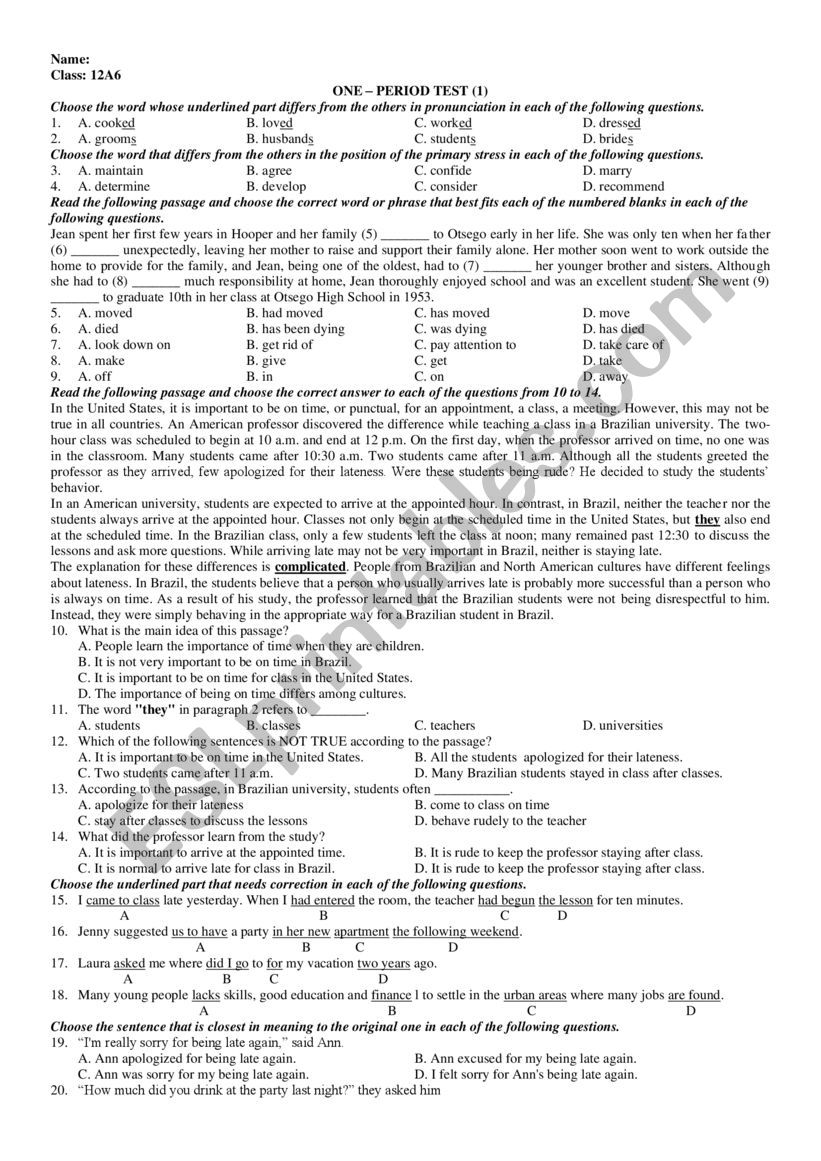 one period test worksheet