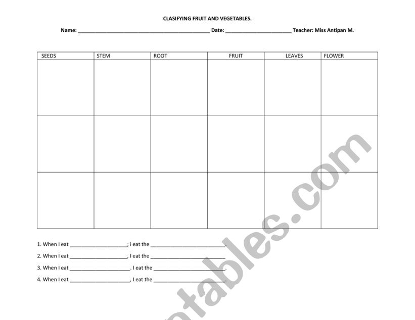 VEGETABLES CHART TO CLASIFY worksheet