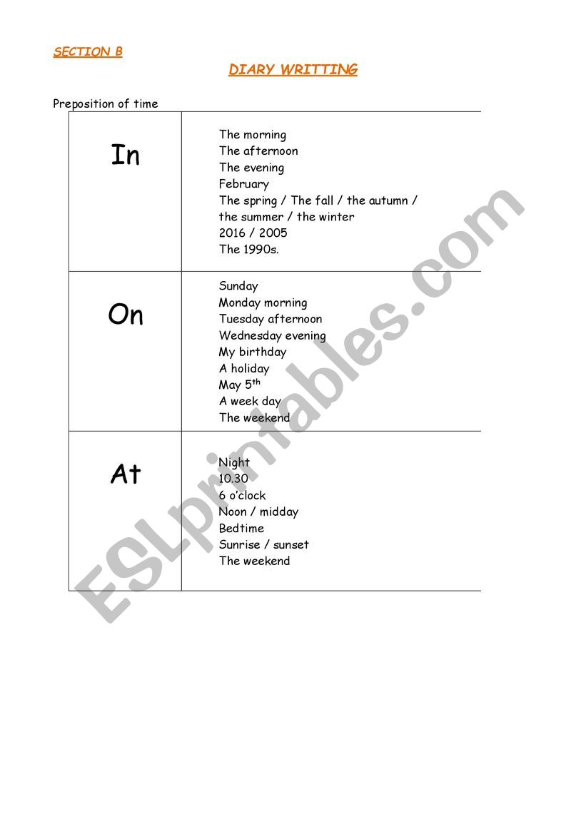 diary writing  worksheet