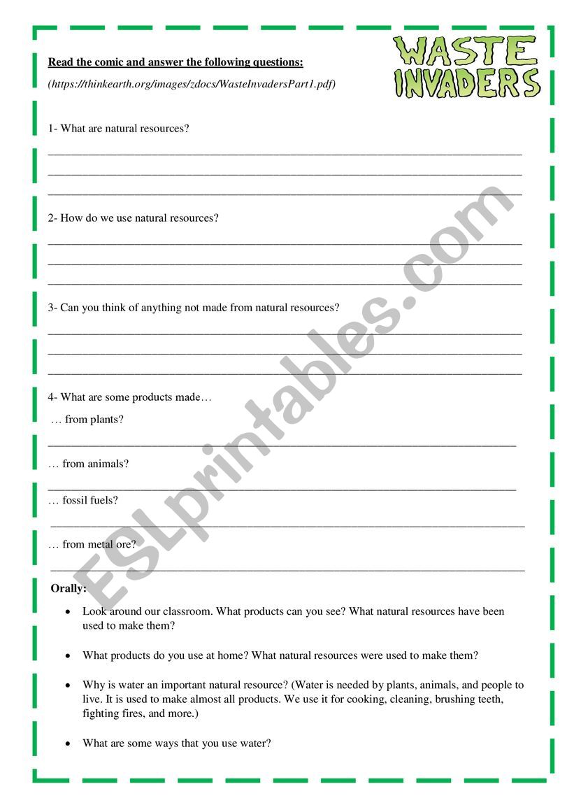 Waste invaders worksheet