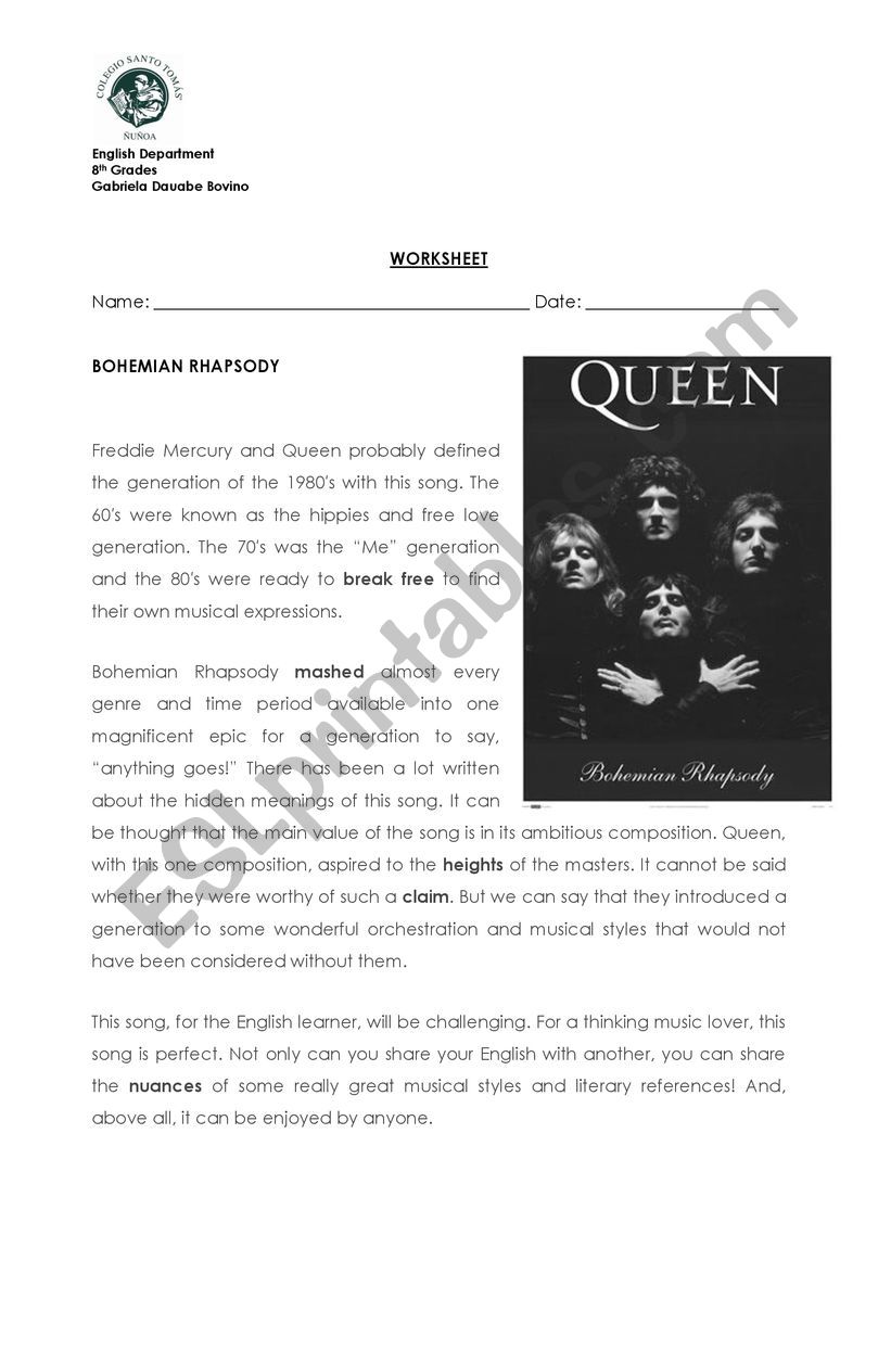 Bohemian Rhapsody movie worksheet