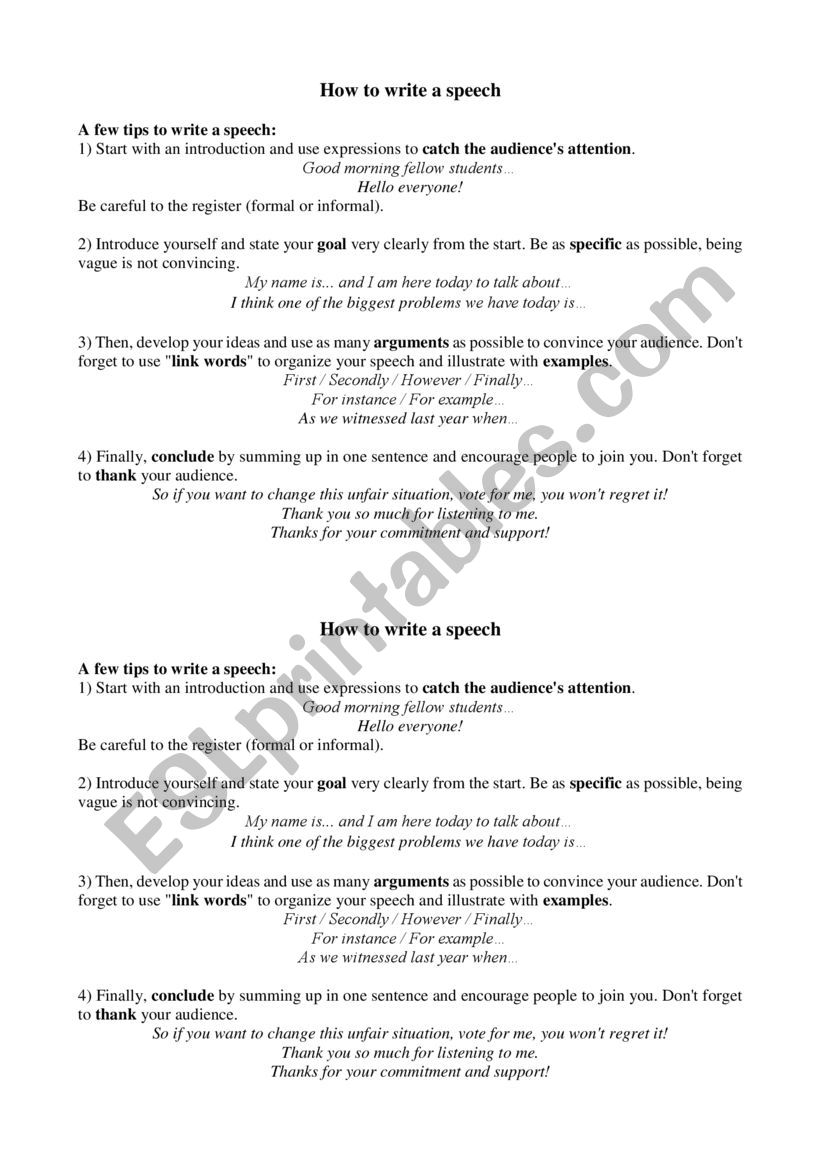 How to Write a Speech worksheet