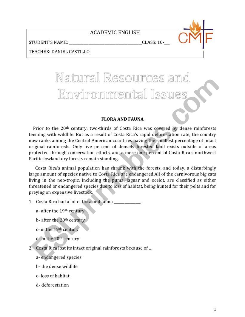 Natural Resources Exam worksheet