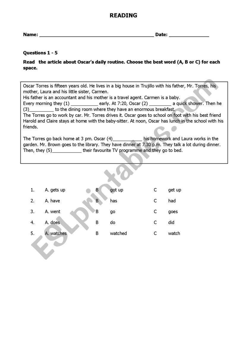 READING QUIZ worksheet