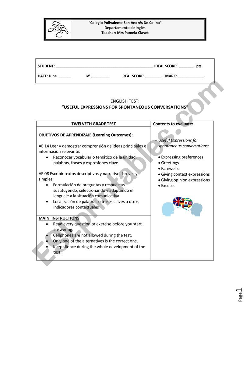 USEFUL EXPRESSION FOR SPONTANEOUS SPEAKING TEST