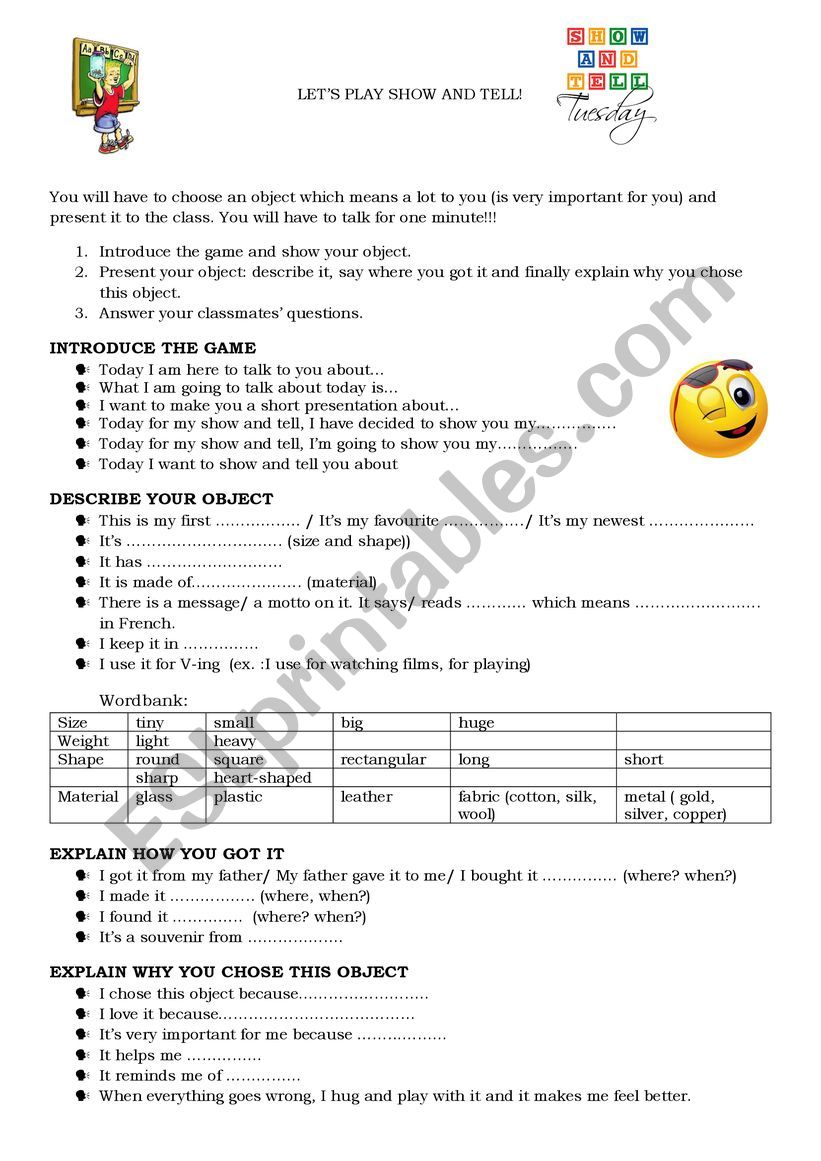 SHOW AND TELL PRESENTATION worksheet