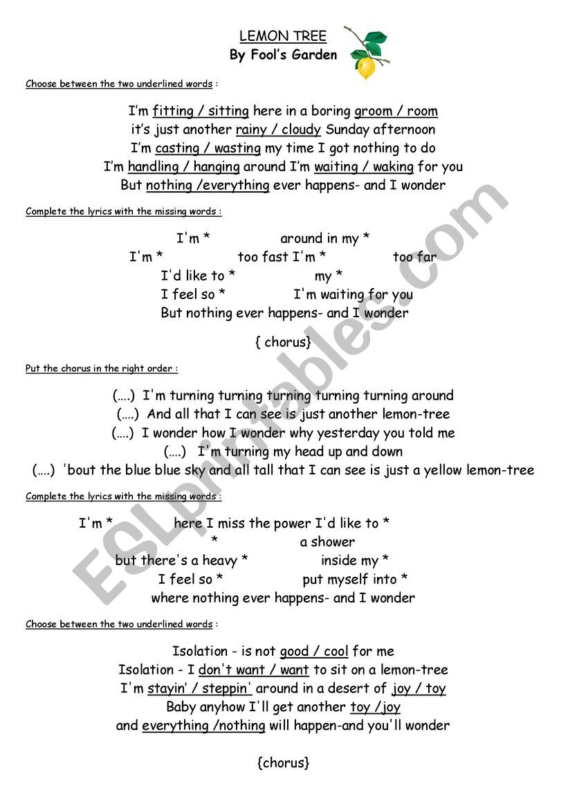 Lemon Tree by Fools Garden worksheet