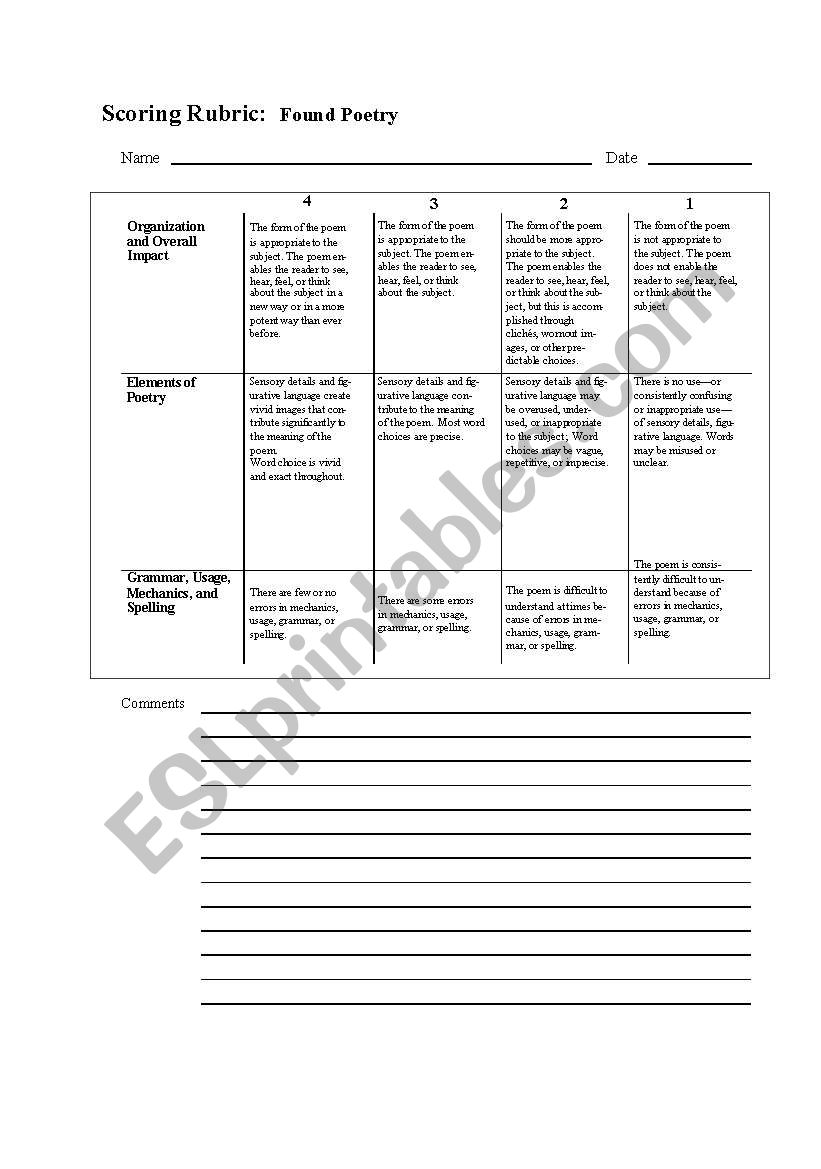 Rubric for the Found poem. worksheet