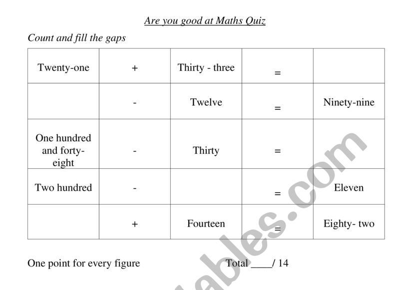 Maths Quiz worksheet