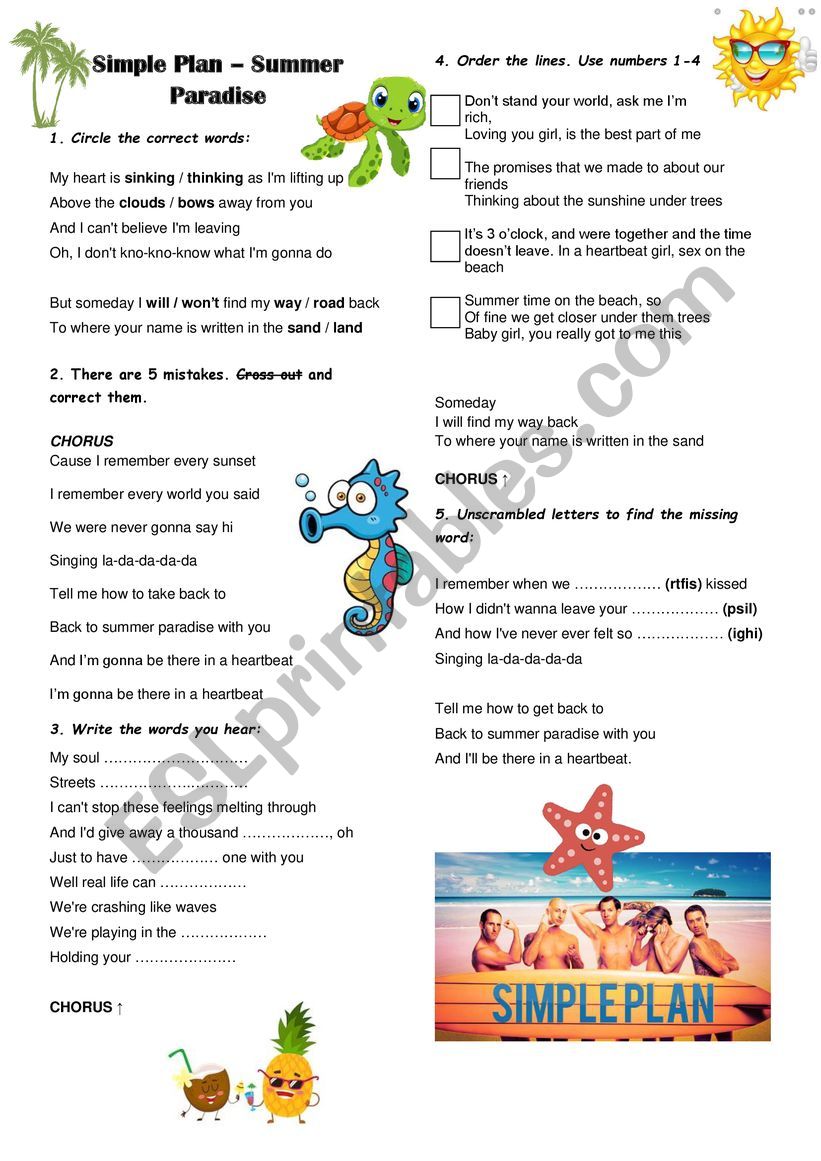 Summer paradise - Simple Plan worksheet