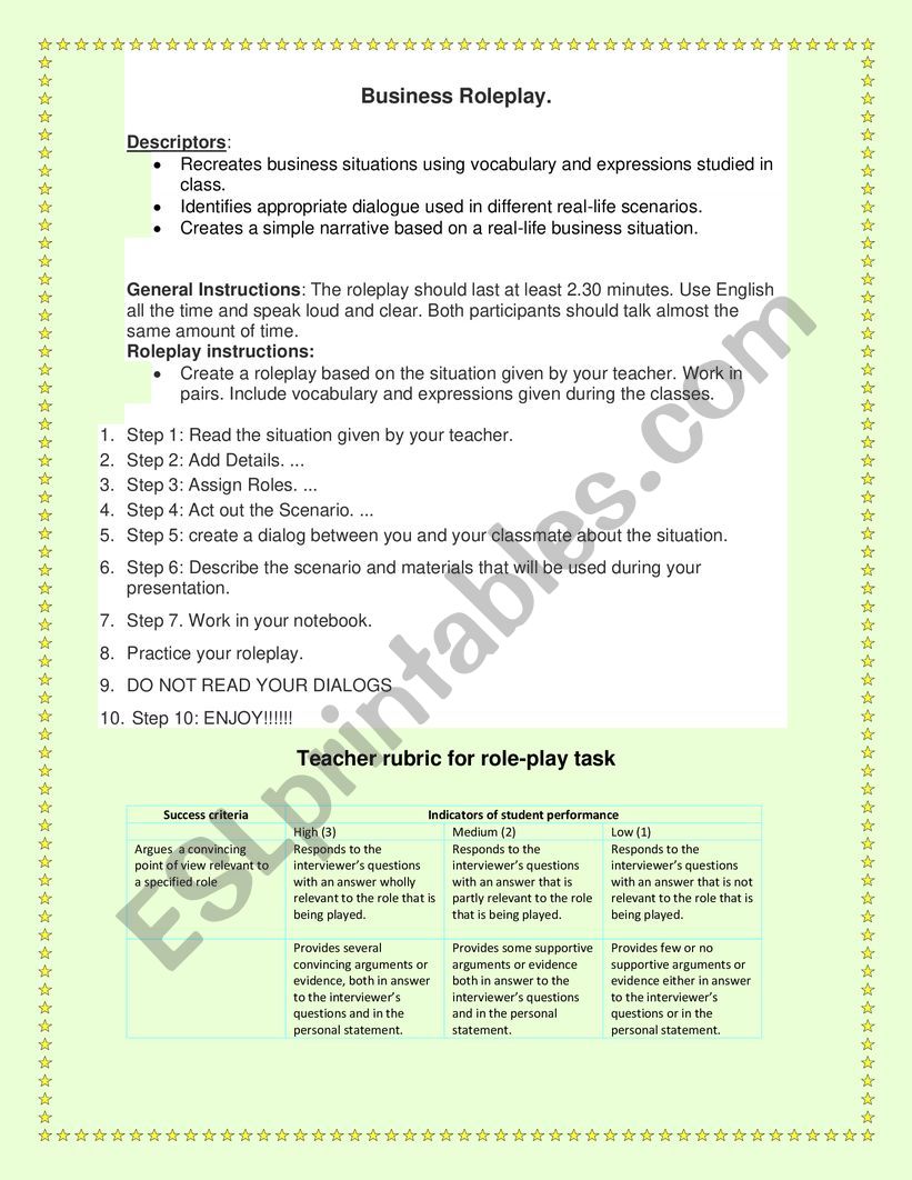 Speaking test worksheet