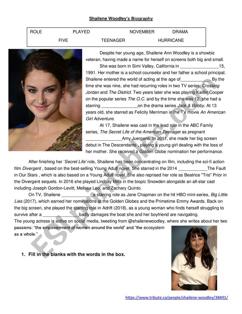 Shailene Woodleys Biography worksheet
