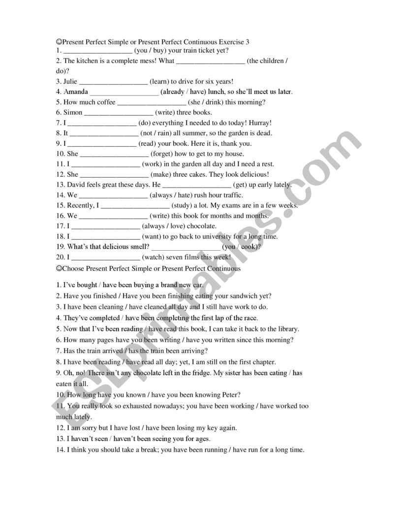 Present Perfect Simple or Present Perfect Continuous - ESL worksheet by ...