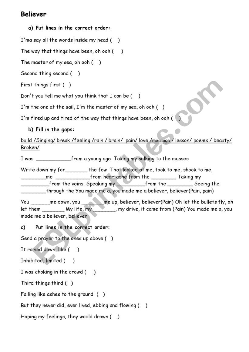 Believer by Imagine Dragons worksheet