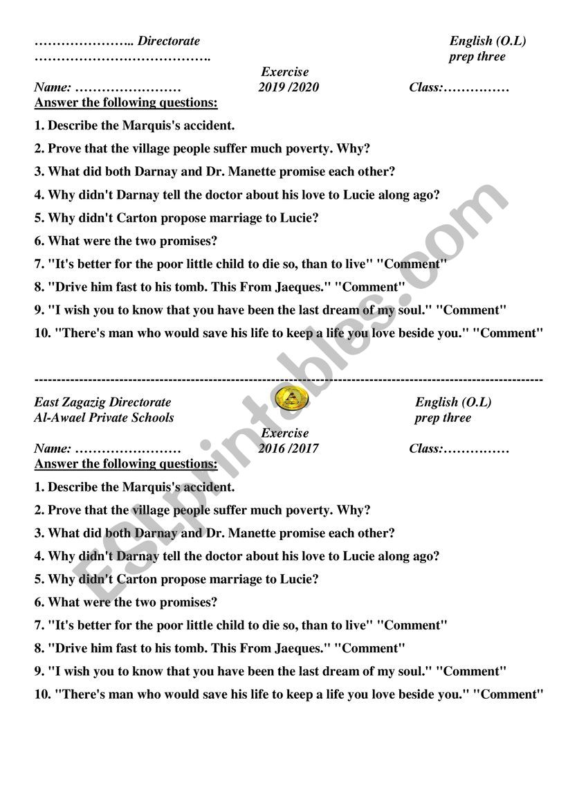 tale of two cities worksheet