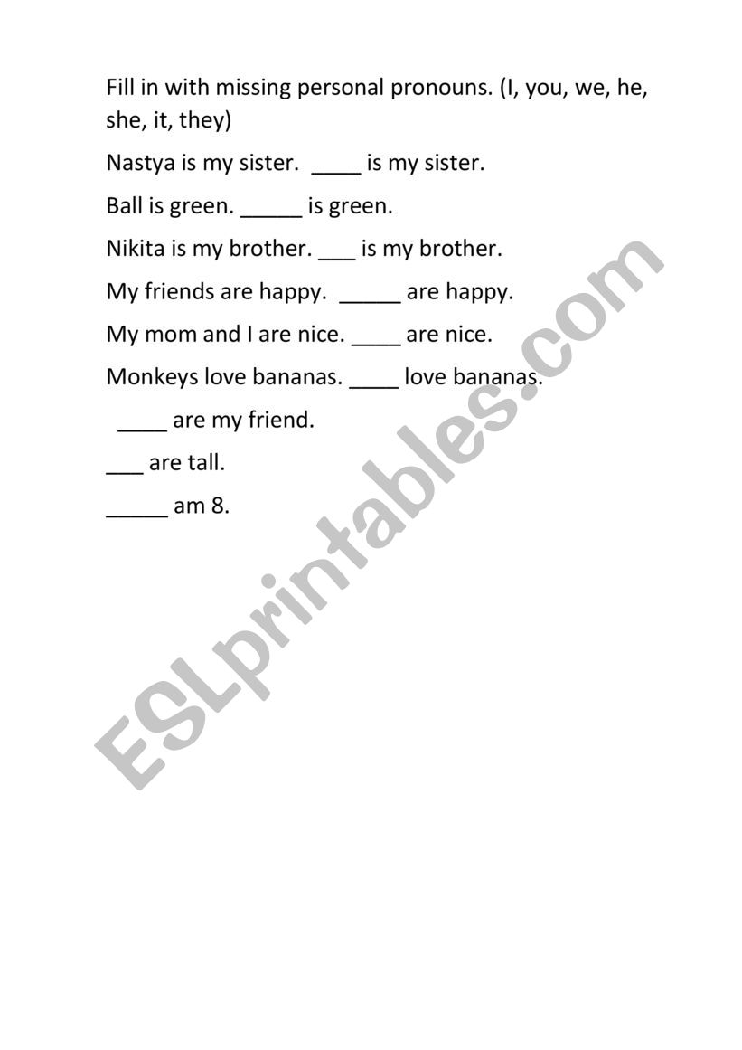 Pesonal pronouns worksheet