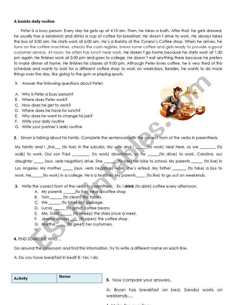 A Barista daily routine - Present simple