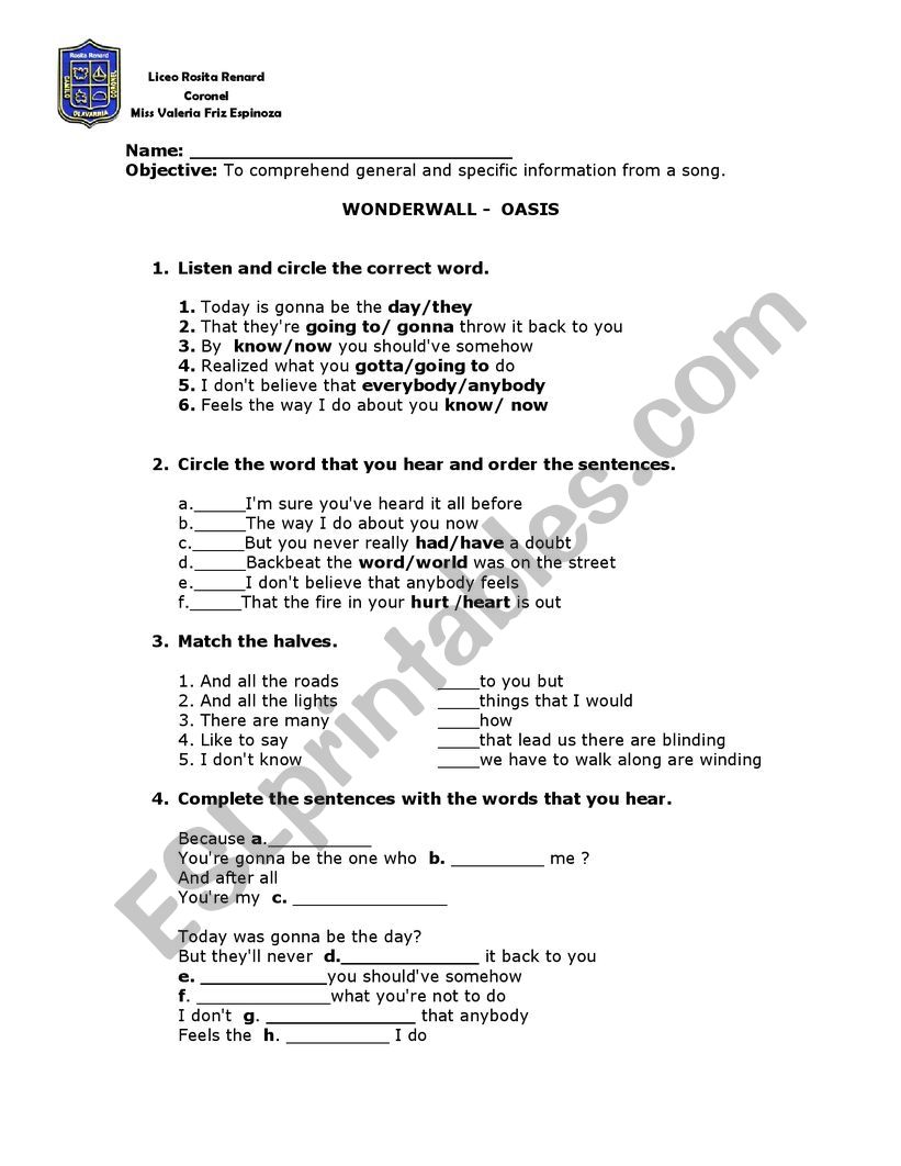 wonderwall worksheet