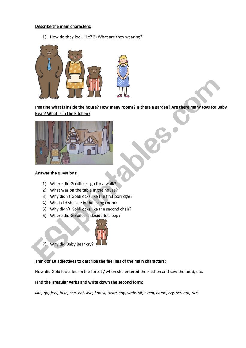 Goldilocks and Three bears worksheet