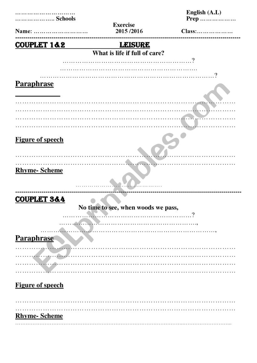 poetry - leisure worksheet