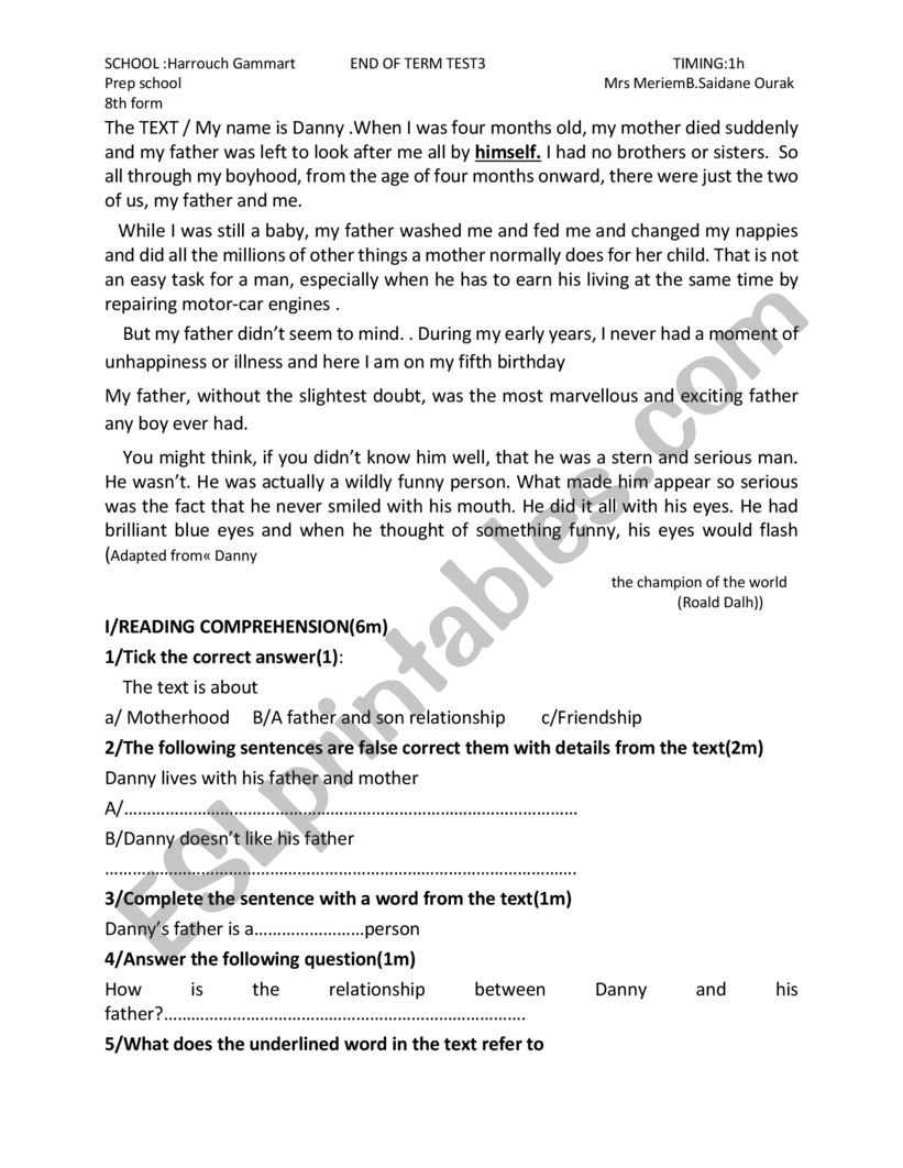 Reading comprehension worksheet