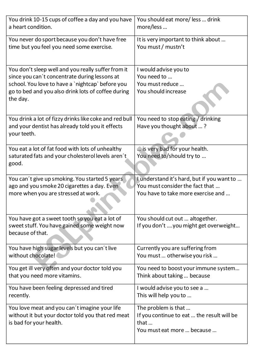 Health - speed debating worksheet