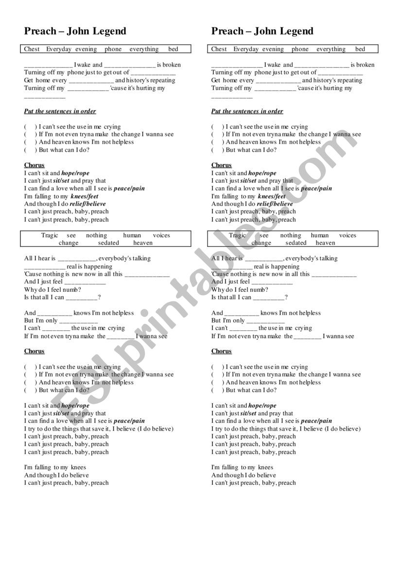 Preach - John legend worksheet