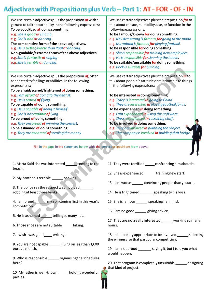 Adjectives and prepositions plus gerunds