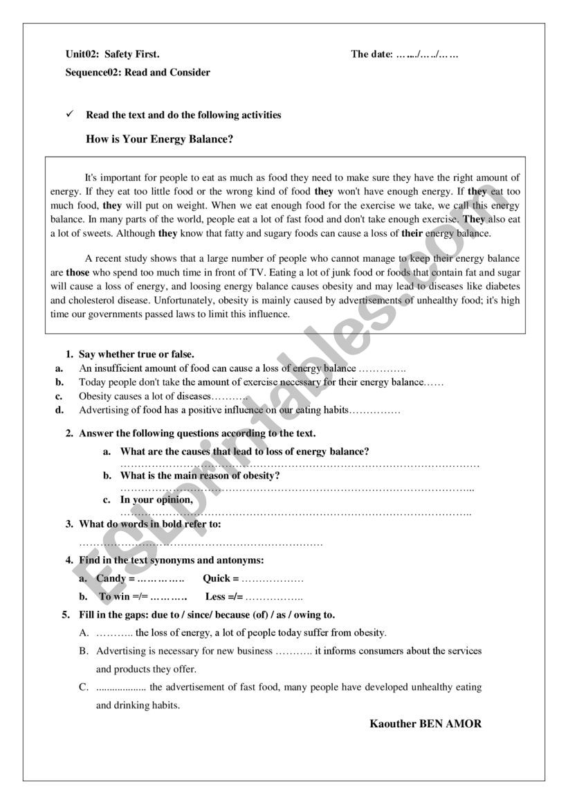 energy balance text worksheet