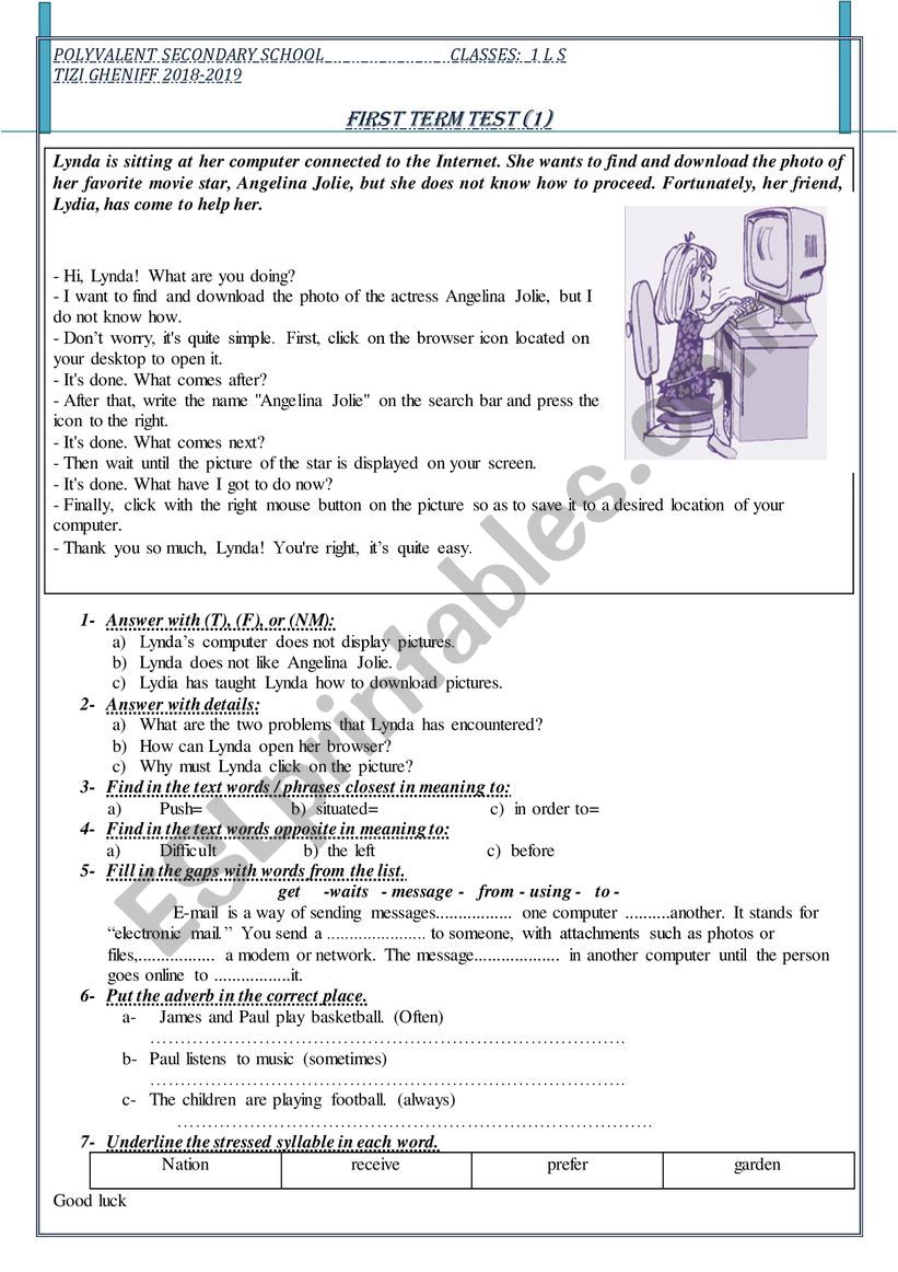 1st test literary streams  worksheet