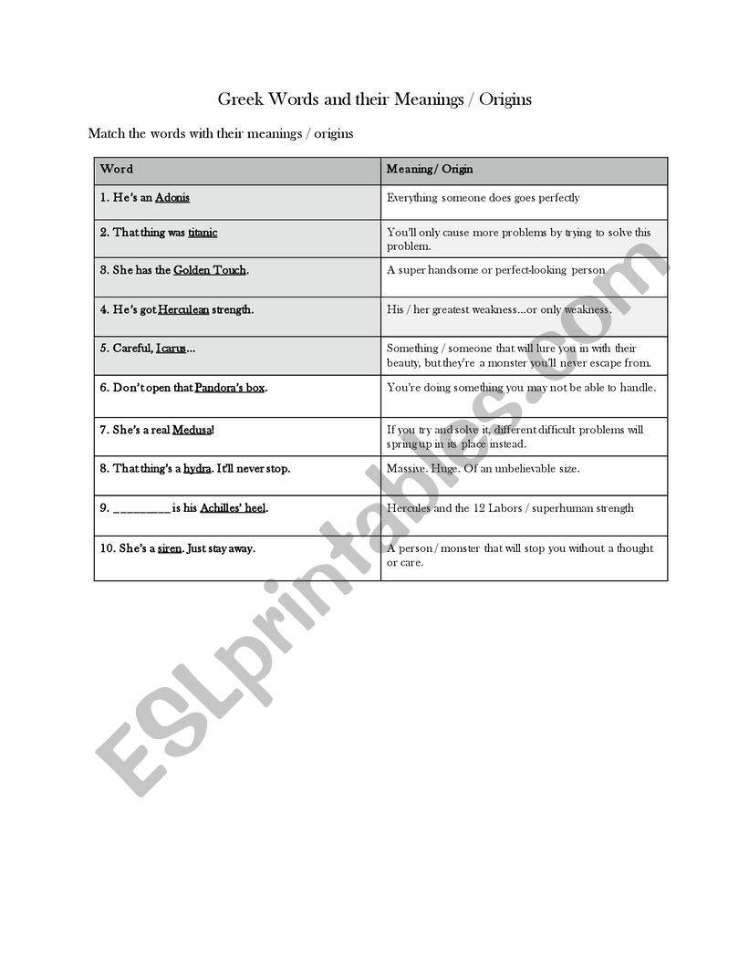 Greek Mythology Terms and Their Use Today - Vocabulary Matching Exercise