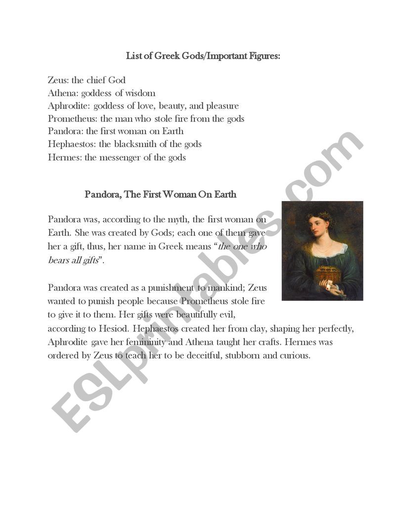 PandoraÂ´s Box Reading Comprehension Exercise 