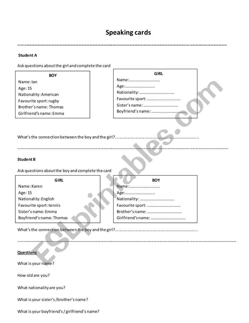 speaking cards .personal information .elementary.