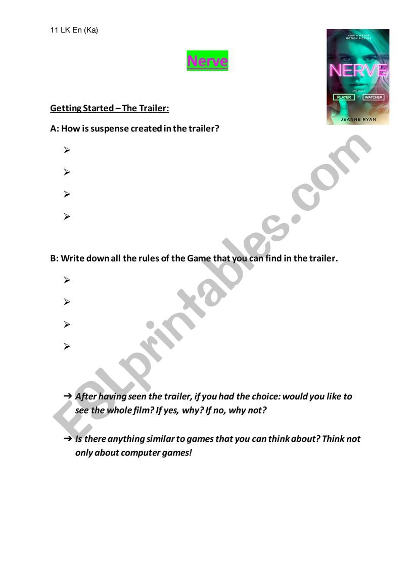 worksheet NERVE film trailer worksheet