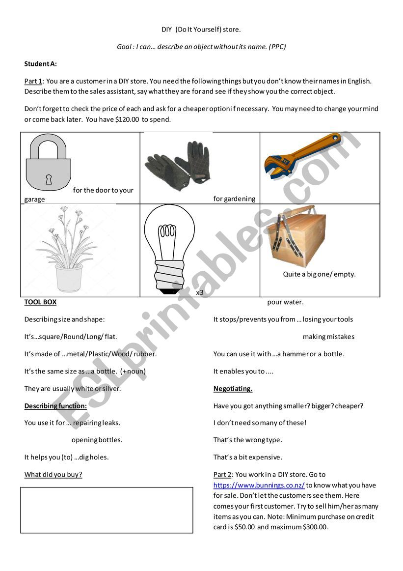 at the DIY store pairwork worksheet