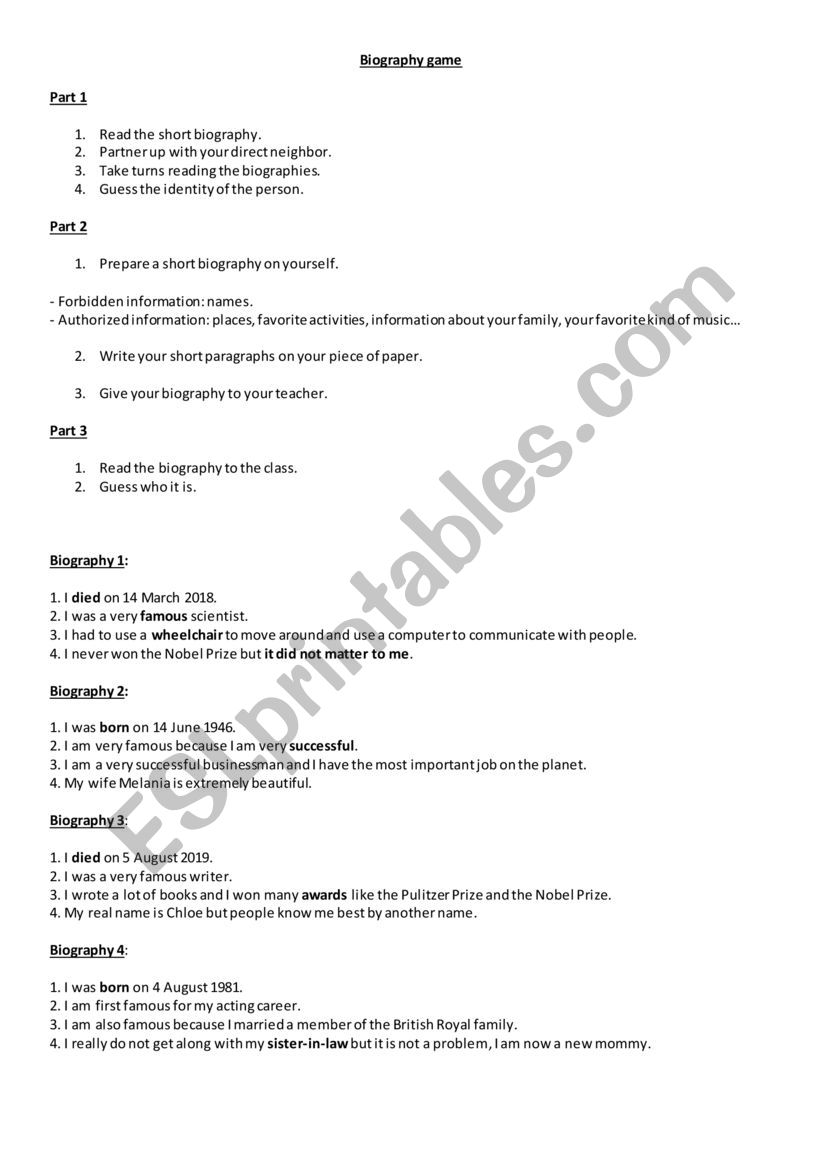  The Biography game worksheet